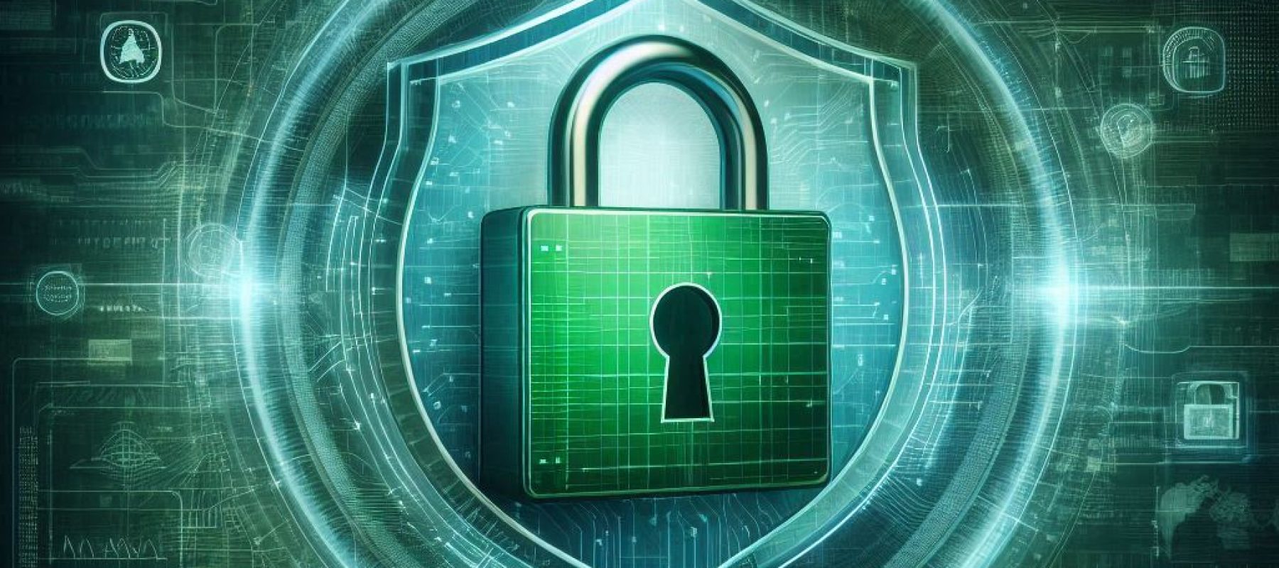 Um cadeado digital ou uma muralha de firewall com escudo, destacando proteção e segurança com cores predominantes verdes
